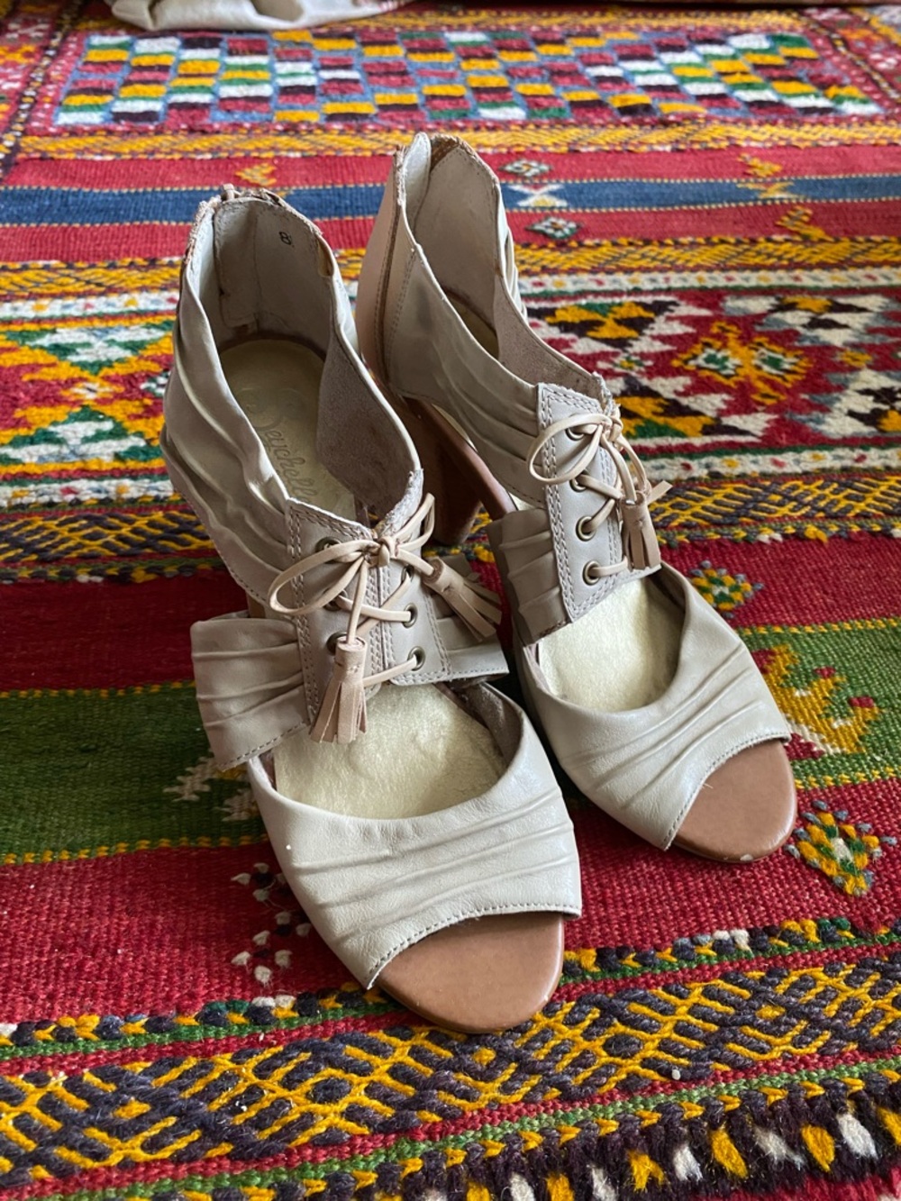 Seychelles Open-Toe Lace-Up Heels in Light Beige